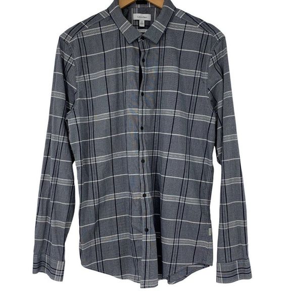 Mens Calvin Klein Plaid Body Fit Shirt Large Navy Snap Closure 3744 EUC Stretch - Picture 1 of 10